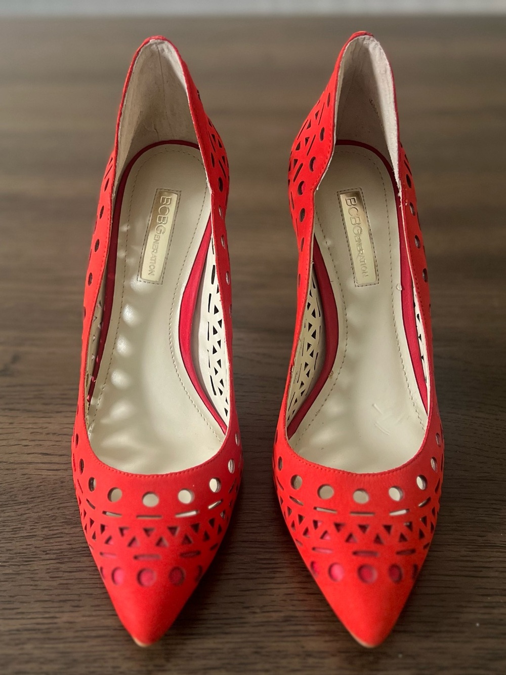 BCBGeneration Red Orange Heels with Pointed Toes and Cut Outs Size 7.5